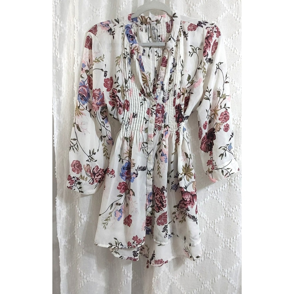 American Rag Floral Pintuck Tunic Top White Boho Button Front Size Large